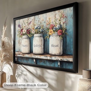 Rustic Mason Jar Floral Oil Painting on Wood - Farmhouse Wall Art, Vintage Country Decor, Shabby Chic Botanical Print, Wooden Artwork