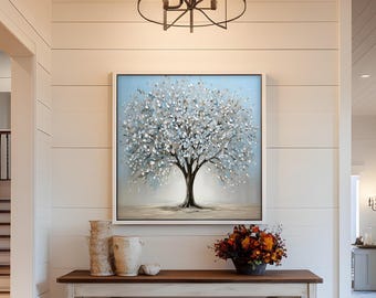 Framed Blossoming Tree Wall Painting: Rustic Spring Landscape Art Painting Look Wall Art, Minimalist Wall Art