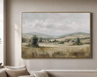 Misty Countryside Framed Wood Print Wall Art, Neutral Farmhouse Valley Landscape, Sage Green Decor, Deep or Floating Frame