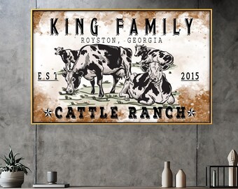 Personalized Cattle Ranch Wall Art, Custom Family Ranch Name Sign, Vintage Cow Wood Print Art, Western Farmhouse Decor Gift, Est Year