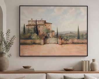 Tuscan Villa Framed Wood Print Wall Art, Italian Countryside Watercolor Style, Cypress Landscape wood wall art