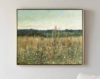Inramad väggmålning med vildblommande äng: Rustik landskapskonst-look, mors dag-present