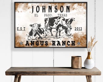 Personalized Angus Ranch Wall Art, Custom Ranch Name Sign, Vintage Cattle Farm Wood Print Art, Western Farmhouse Decor Gift, Est Year