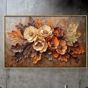 Framed Autumn Floral Oil Painting on Wood: Rustic Fall Decor