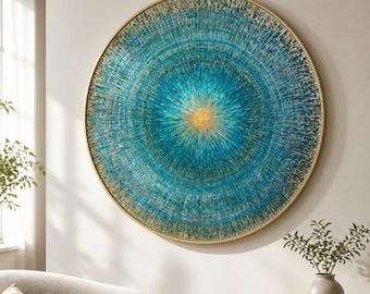 Turquoise Gold Sunburst Round Framed Wood Print Wall Art, Radiating Abstract Design, Deep or Floating Frame Modern Decor