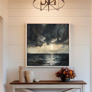 Ocean Sunset Oil Painting on Wood, Dramatic Seascape Art, Sunset Over Ocean Waves, Tranquil Beach Wall Decor for Living Room