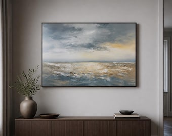 Abstract Ocean Framed Wood Print Wall Art, Blue Gray Seascape with Golden Light, Neutral Coastal Decor, Wooden Wall Art, Wood Wall Art