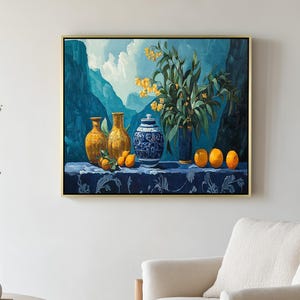 Elegant Still Life Wooden Wall Art, Blue & Gold Vase Painting, Classic Home Decor, Framed Traditional Artwork for Dining Room