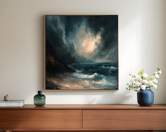 Moody Ocean Storm Painting: Framed Coastal Seascape Artwork