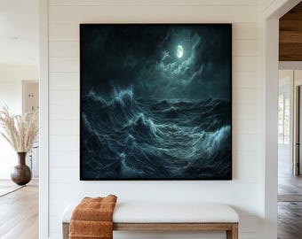 Moonlit Stormy Sea Framed Print: Dark Ocean Waves, Coastal Wall Art Painting Look Wall Art