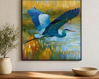 Great Blue Heron Framed Wood Print Wall Art, Flying Bird Over Golden Wetland Lake Landscape, Deep or Floating Frame