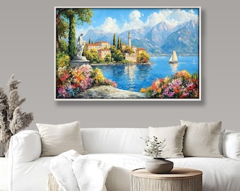 Framed Mediterranean Lake View Oil Painting: Coastal Italian Landscape