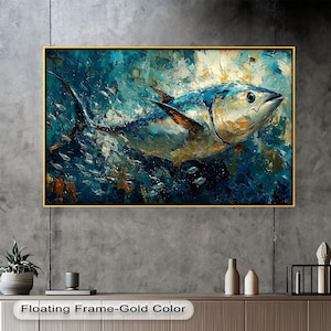 Abstract Blue Tuna Wood Wall Art: Coastal Marine Painting