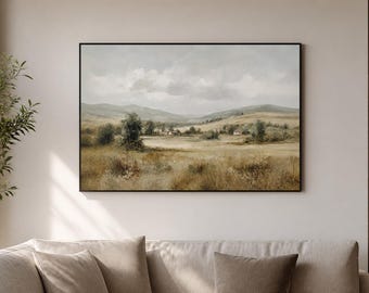 Neutral Countryside Framed Wood Print Wall Art, Soft Sage Rural Landscape, Cloudy Sky Artwork, Deep or Floating Frame