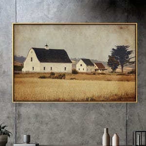 Rustic Barn Oil Painting on Wood, Vintage Farmhouse Wall Art, Country Landscape Print, Rural Countryside Decor for Living Room & Bedroom