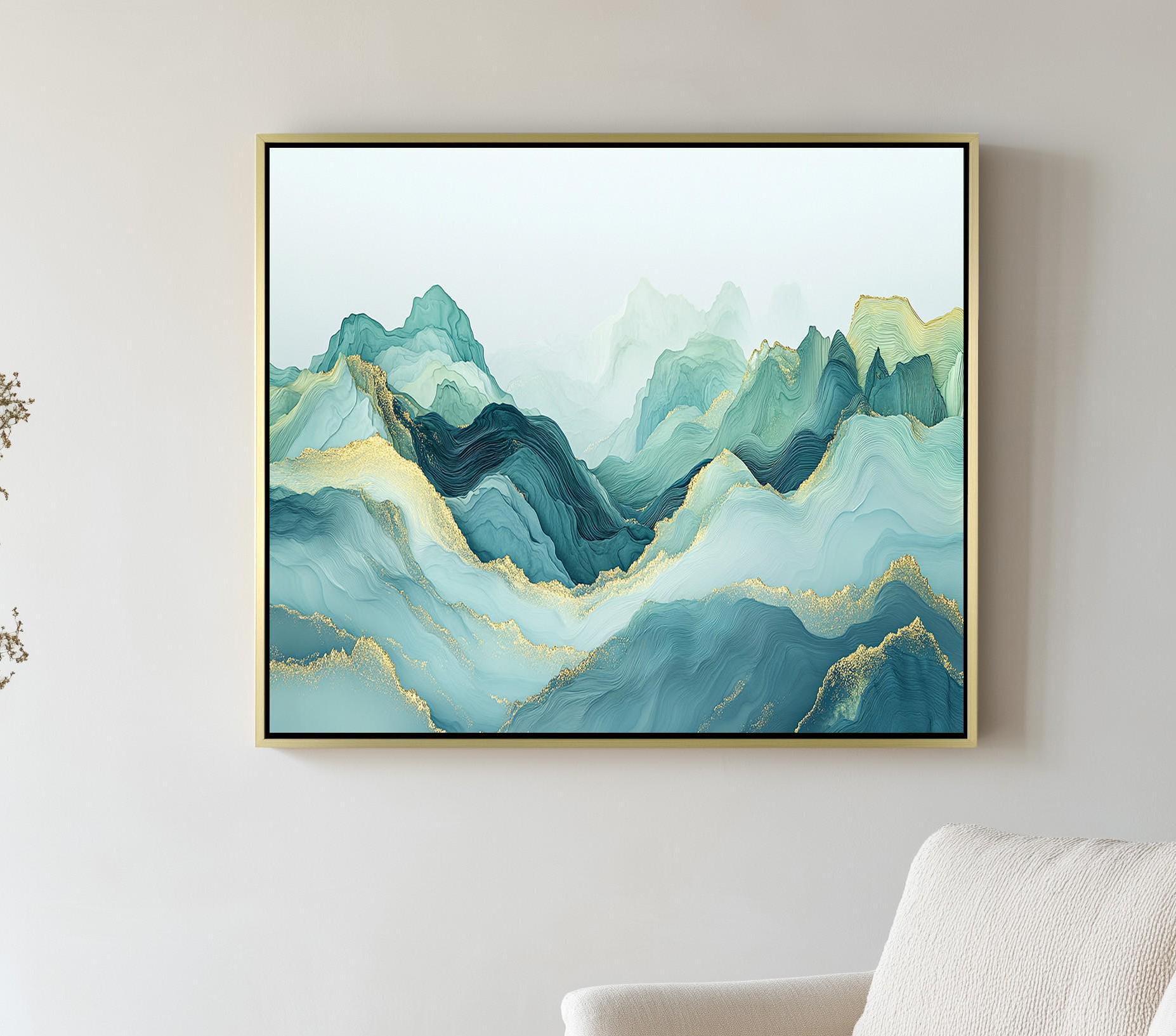額入り抽象山油絵：グリーン＆ゴールド自然アート - Etsy 日本
