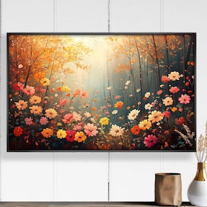 Framed Autumn Flowers Oil Painting on Wood: Rustic Floral Wall Art