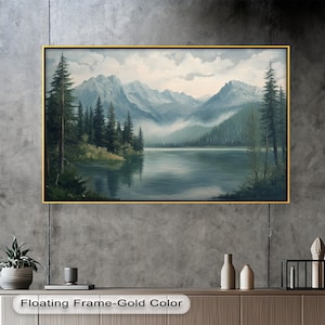 Mountain Lake Framed Oil Painting: Rustic Cabin Wall Art