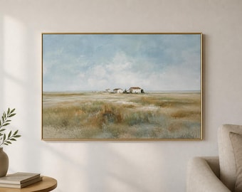 Countryside Farmhouse Framed Wood Print Wall Art, Blue Sky Meadow Landscape, Neutral Rustic Decor, Deep or Floating Frame