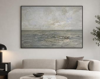 Cloudy Seascape Framed Wood Print Wall Art, Flying Seagulls and Ocean Waves, Neutral Nautical Decor, Wooden Wall Art, Wood Wall Decor
