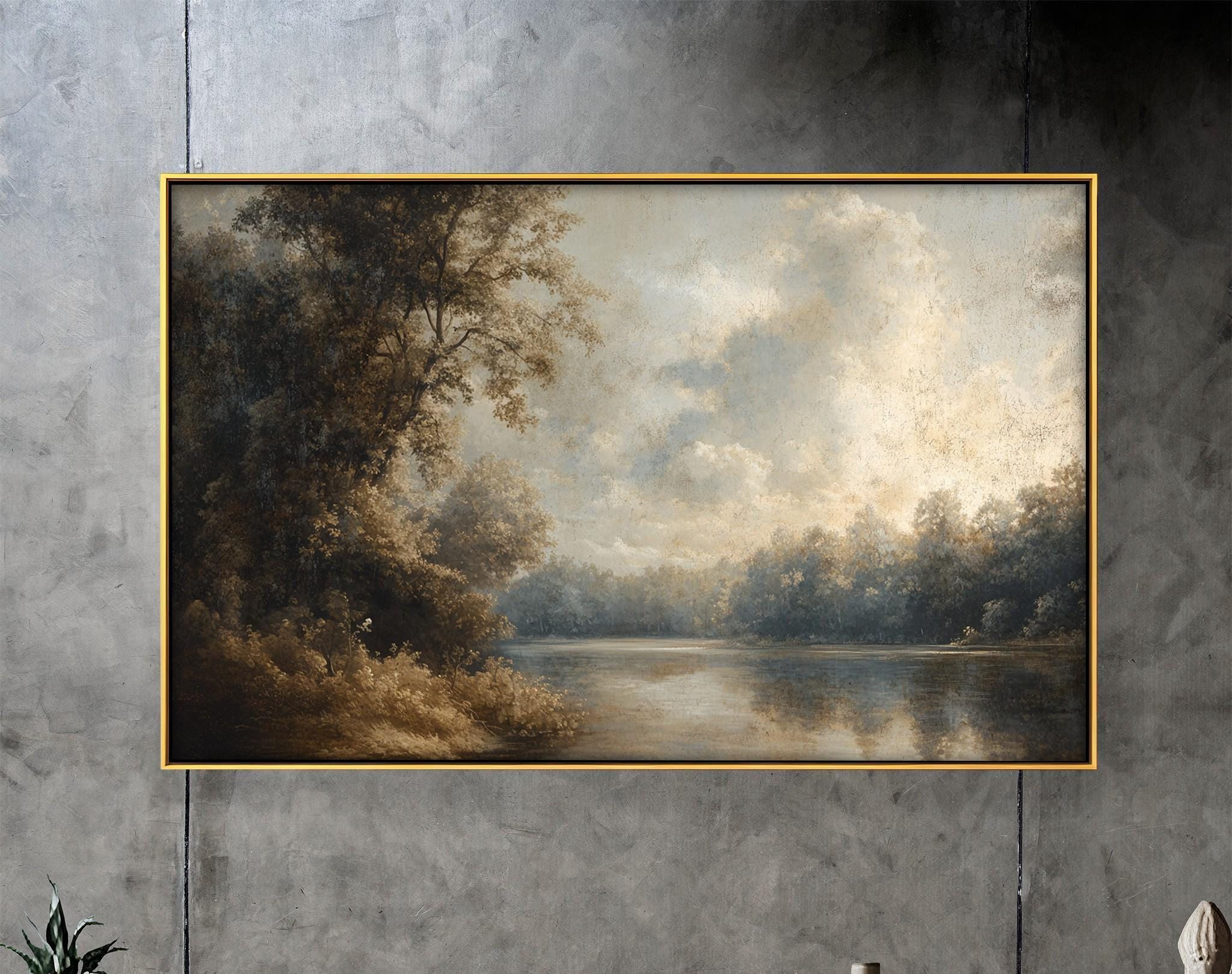 額装された川の風景の壁画：素朴な秋の絵画風の壁掛けアート - Etsy 日本