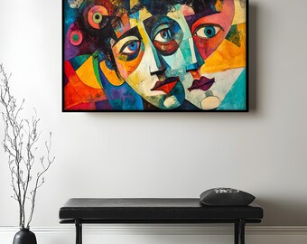 Cubist Couple Framed Print: Abstract Dual Face Geometric Art Painting Look Wall Art