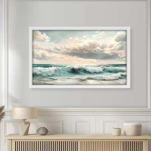 Framed Turquoise Ocean Wave Painting: Coastal Seascape Wall Art