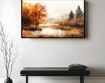 額装された秋の風景キャンバスアート：素朴な木製壁掛け絵画風ウォール