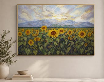 Sunflower Field Framed Wood Print Wall Art, Mountain Flower Landscape, Yellow Blue Botanical Decor, Wooden Wall Art, Wood Wall Art