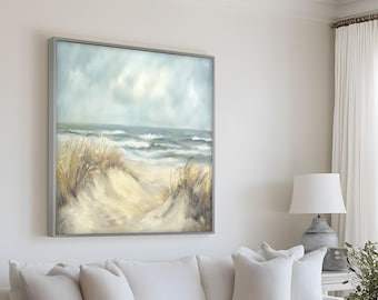 Framed Coastal Beach Oil Painting on Wood: Serene Seascape Wall Art