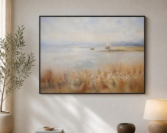 Sailboat Lake Framed Wood Print Wall Art, Misty Mountain Coastal Landscape, Soft Neutral Nautical Decor, Wooden Wall Art, Wood Wall Art