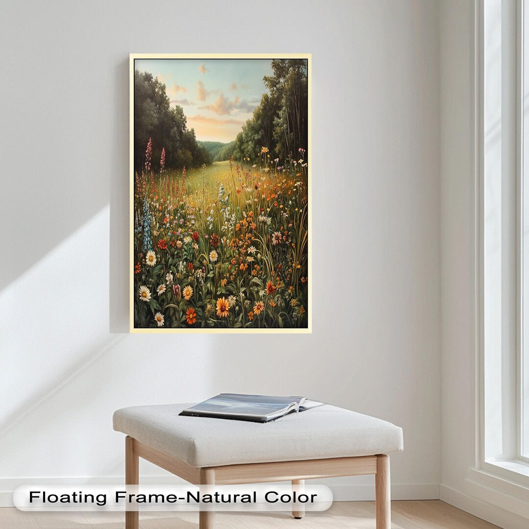 Framed Wildflower Field Wall Painting : Rustic Landscape Art Oil ...