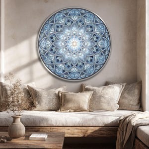 Puede incluir: Una obra de arte mural redonda con marco plateado. La obra presenta un diseño simétrico, floral, en tonos azules y blancos. Cuelga sobre una zona de estar con cojines y una mesa de centro de madera.