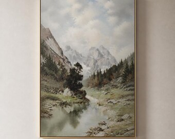 Misty Mountain Valley Framed Wood Print Wall Art, Snowy Peaks and Pine Forest Landscape, Neutral Nature Decor, Deep or Floating Frame