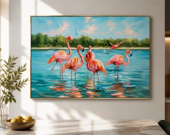 Flamingo Lagoon Framed Wood Print Wall Art, Tropical Bird and Turquoise Lake Landscape, Deep or Floating Frame