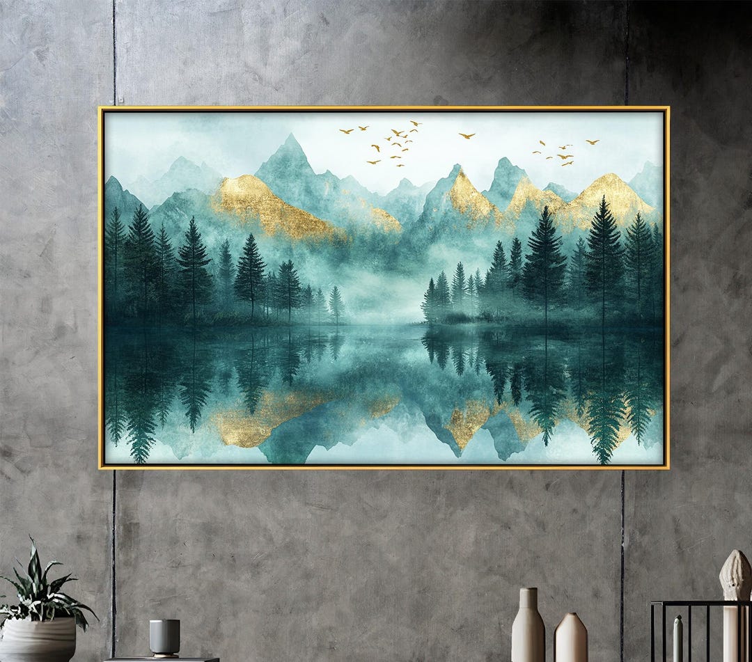 Misty Mountain Lake Wall Painting : Tranquil Forest Landscape Oil ...