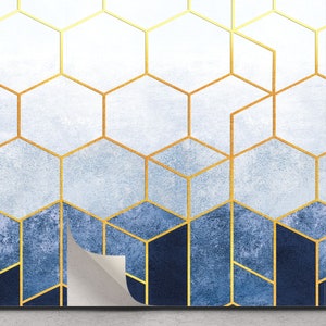 a painting of a blue and yellow hexagonal pattern