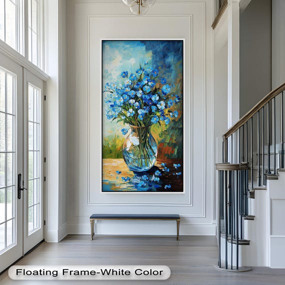 Blue Flowers in Vase Framed Wood Art: Vertical Floral Wall
