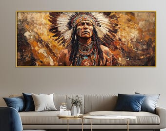 Retrato de un jefe nativo americano: Cuadro enmarcado con aspecto de pintura para pared.
