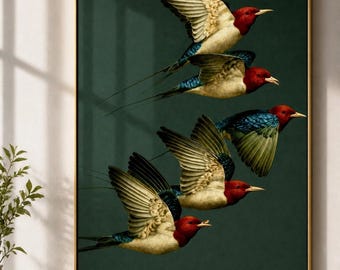 Flying Birds Framed Wood Print Wall Art, Red Headed Swallow-Inspired Artwork, Dark Green Vintage Decor, Deep or Floating Frame