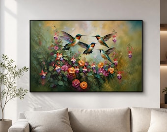 Hummingbird Framed Wood Print Wall Art, Colorful Floral Garden Artwork, Fuchsia Flower Decor, Deep or Floating Frame
