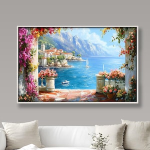 Quadro incorniciato con paesaggio marino mediterraneo: Riviera costiera italiana, arte murale minimalista.
