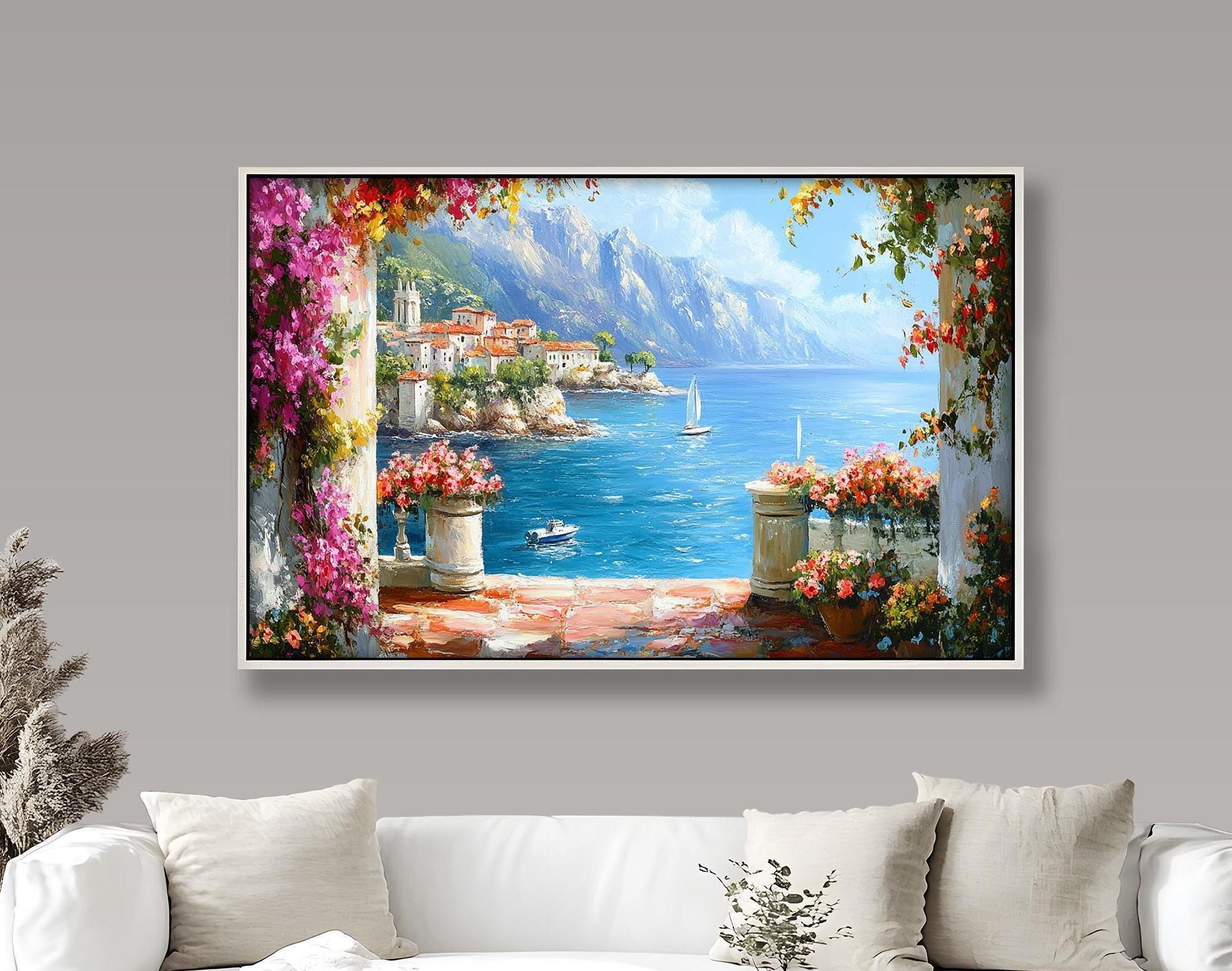Framed Mediterranean Seaside Wall Painting: Coastal Italian