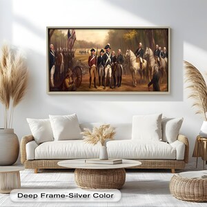 American Revolution artwork printed on wood, with soldiers, officers, and artillery in detailed composition.