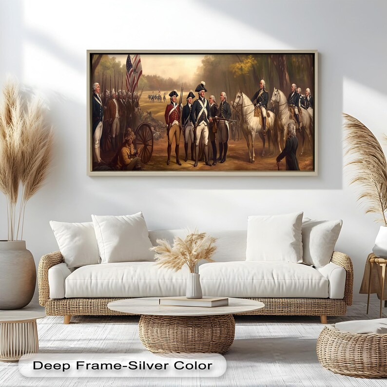 American Revolution artwork printed on wood, with soldiers, officers, and artillery in detailed composition.