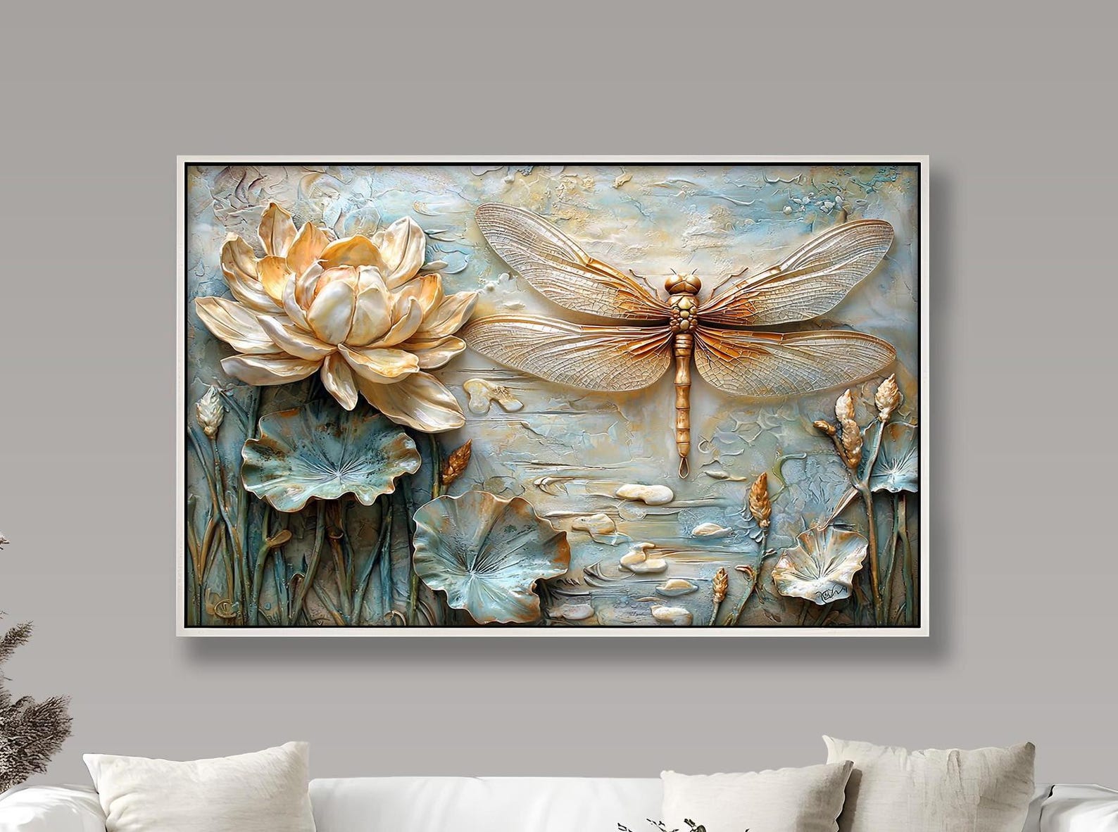 Framed Dragonfly Wall Painting: Lotus Flower Botanical Wall Art ...