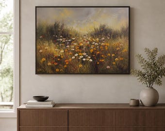 Colorful Wildflower Meadow Framed Wood Print Wall Art, Daisy and Poppy-Inspired Floral Landscape, Wooden Wall Art, Wood Wall Decor