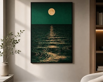 Moonlit Rain Framed Wood Print Wall Art, Golden Full Moon and Emerald Green Water Landscape, Wooden Wall Art, Moon Wood Wall Art