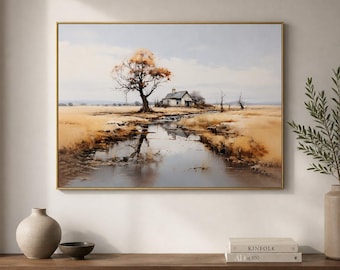 Autumn Farmhouse Framed Wood Print Wall Art, Reflective Creek Countryside Landscape, Rustic Neutral Decor, Wooden Wall Art, Wood Wall Art