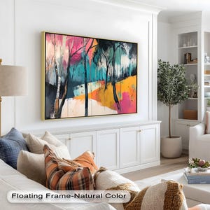 Colorful Forest Wall Art, Abstract Nature Landscape Painting on Wood, Modern Tree Decor with Gold Frame, Vibrant Wooden Artwork